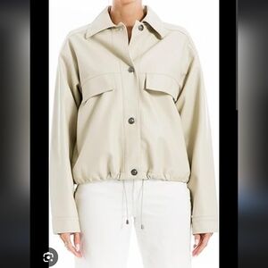 Max Studio Beige Oversized Adjustable Waist Buttoned Up Faux Leather Jacket